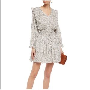 Maje Roseau Shirred floral smocked button front long sleeve Ruffle dress Sz 3